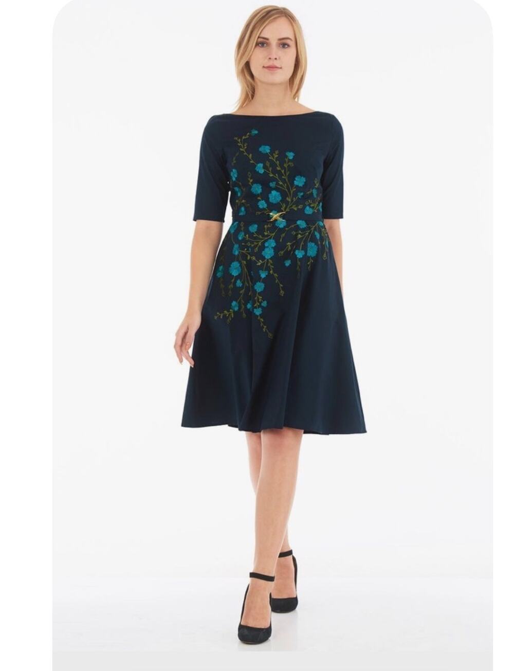 Eshakti Retro Blue Floral Midi Dress Embroidery Feminine No Belt Sz M